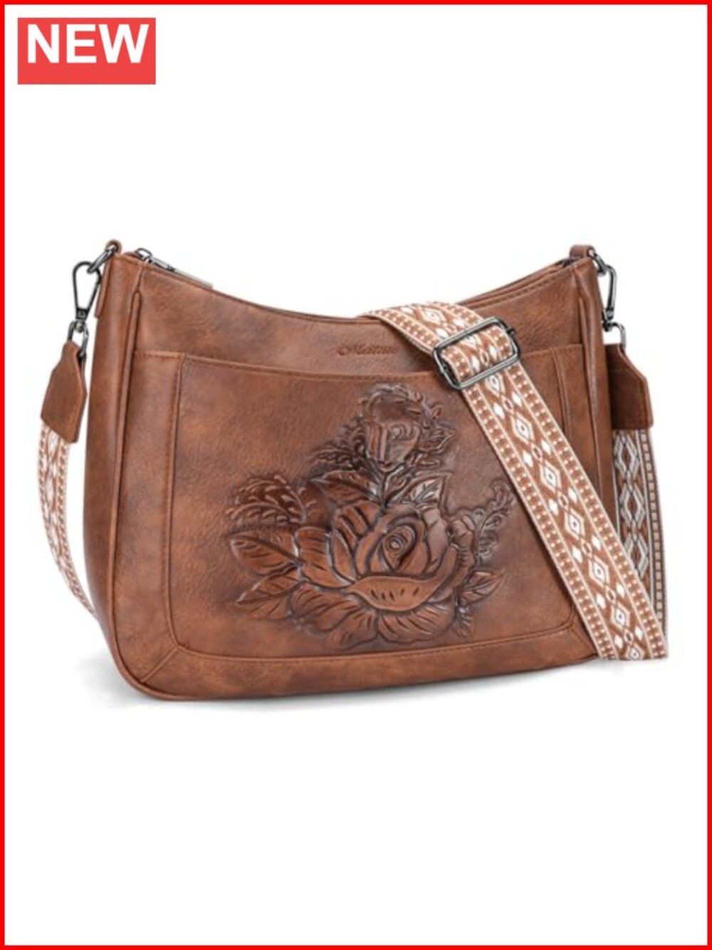 Vegan Leather Crossbody Hobo Purse Rose Embossed Adjustable Strap Medium